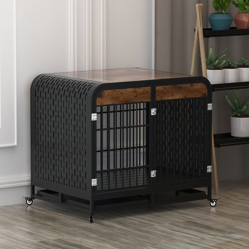 Heavy Duty Dog Crate Furniture Wooden Table Pet Dog Cage Kennel House Indoor Side End Table Decor with Removable Trays and Lockable Wheels for Medium and Large Dogs