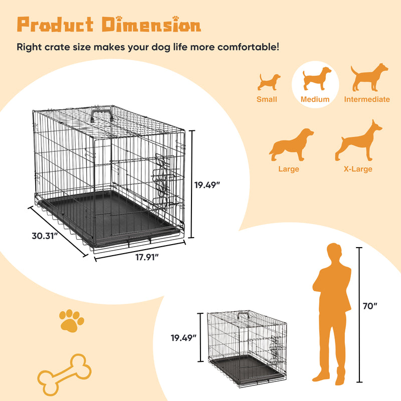 Dog Crate with Divider Panel,Double Door Folding Metal Wire Dog Cage with Plastic Leak-Proof Pan Tray, Pet Kennel for Indoor