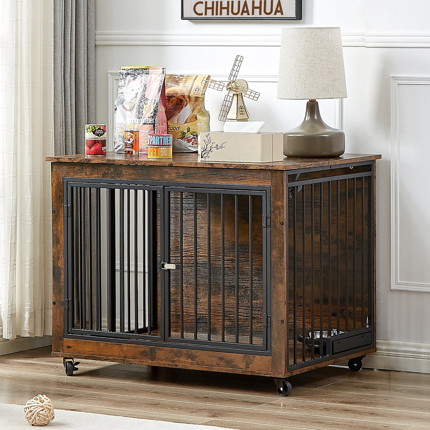 Furniture Style Dog Crate Side Table With Rotatable Feeding Bowl, Wheels, Three Doors, Flip-Up Top Opening. Indoor, Rustic Brown, Grey
