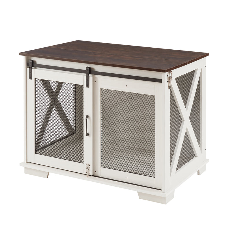 Dog Cage Crate Furniture with Sliding Barn Door,  Farmhouse Wooden Dog Kennel End Table with Flip-top Plate Dog House with Detachable Divider for Small/Medium/Large Dog