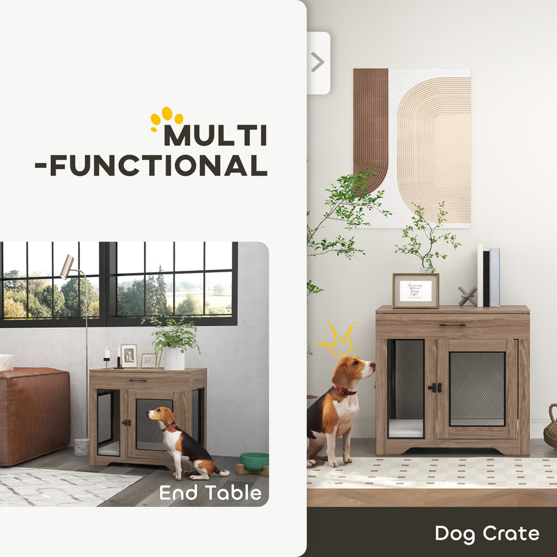 Dog Crate Furniture with Soft Water-Resistant Cushion, Dog Crate End Table with Drawer, Puppy Crate for Small Dogs Indoor with 2 Doors, Brown