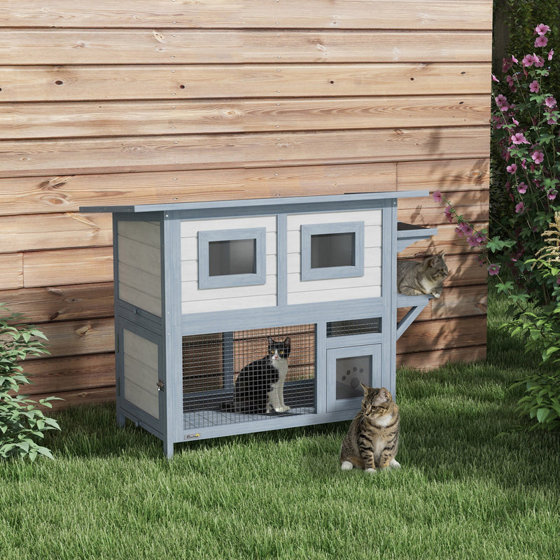 Outdoor Cat House, 2 Tier Weatherproof Feral Cat Shelter with Escape Door, Asphalt Roof, Jump Platform, Large Wooden Cat House for Outside, Backyard, Light Gray