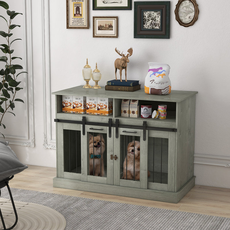 Dog Crate Furniture for Large Dogs or Double Dog Kennel for Small Dogs with Shelves, Sliding Doors, 47" x 23.5" x 35", Gray
