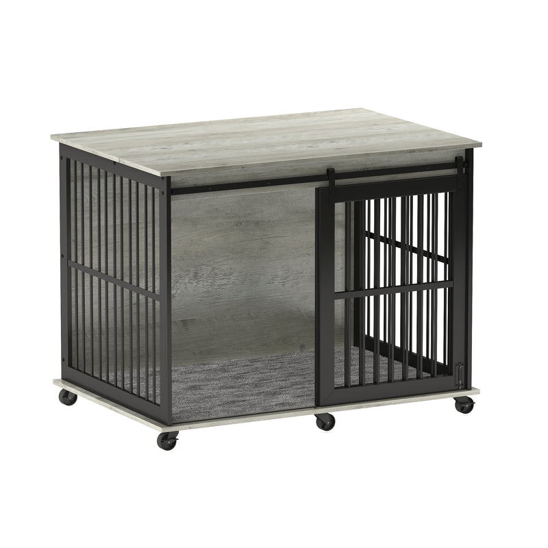 Furniture dog crate sliding iron door dog crate with mat. (Rustic Brown, Grey, 43.7''W x 30''D x 33.7''H)