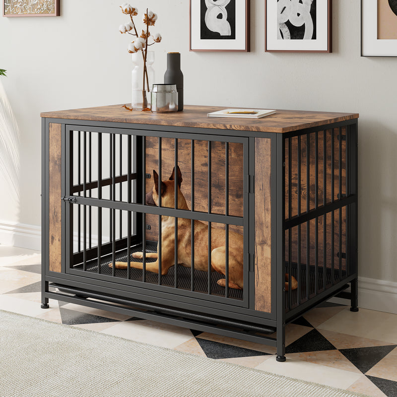 Dog Crate Furniture,  Wooden Dog Crate Table, Dog Kennel with 2 Sliding Doors and Thick Iron Door Frame, Decorative Pet Crate House for Small Dog Indoor Use