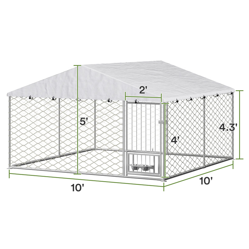 10x10 Dog Kennel Outdoor, Large Outdoor Dog Kennel with Roof, Dog Kennel Outside with Rotating Feeder Bowls, Covered Dog Outdoor Kennel for Large Medium Small Dogs