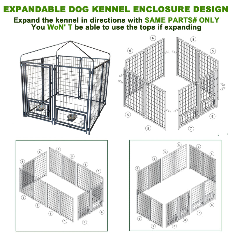 Outdoor Dog Kennel 4.5' x 4.5' x 4.8' with Waterproof Heavy Duty Metal Dog Cage,Outside Dog Enclosure with Lockable Door with Roof & Rotating Feeding Door,2 Bowl Holders and Bowls for Small/Medium Dog