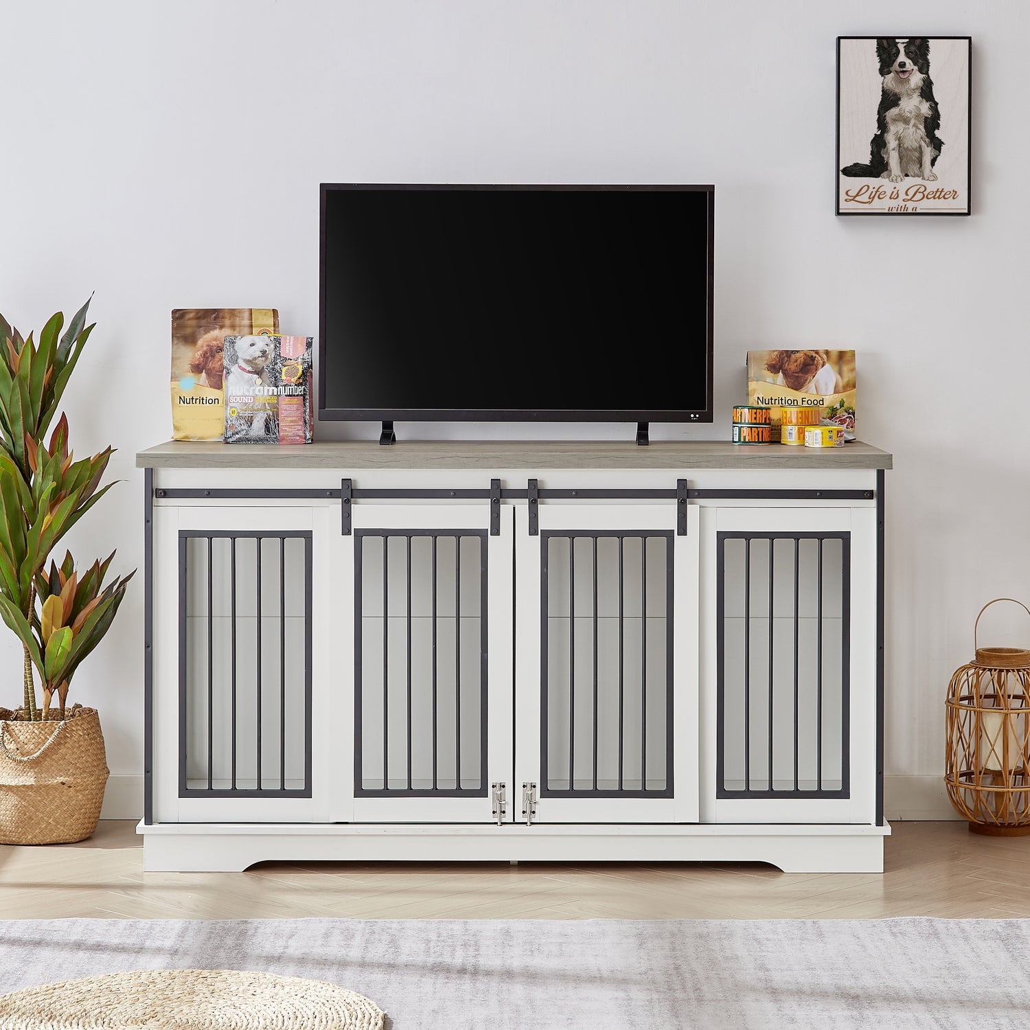 Super large TV cabinet dog crate dog cage End table, dog cage can keep two dogs.White & Grey, 60.6'' W x 22.8'' D x 33.9'' H.