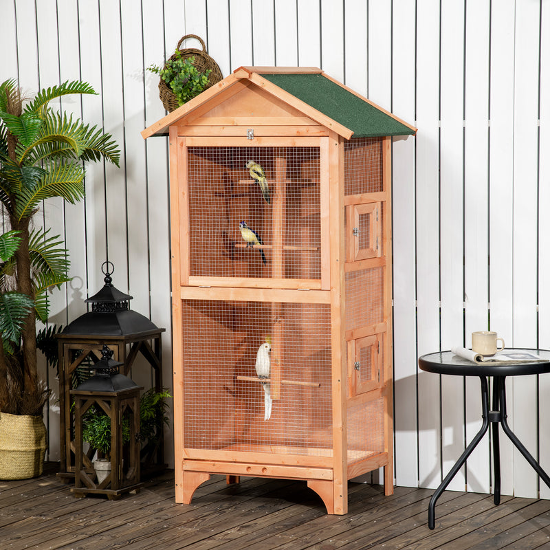 60" Wooden Outdoor Bird Cage for Finches, Parakeet, Large Bird Cage with Removable Bottom Tray 4 Perch, Orange