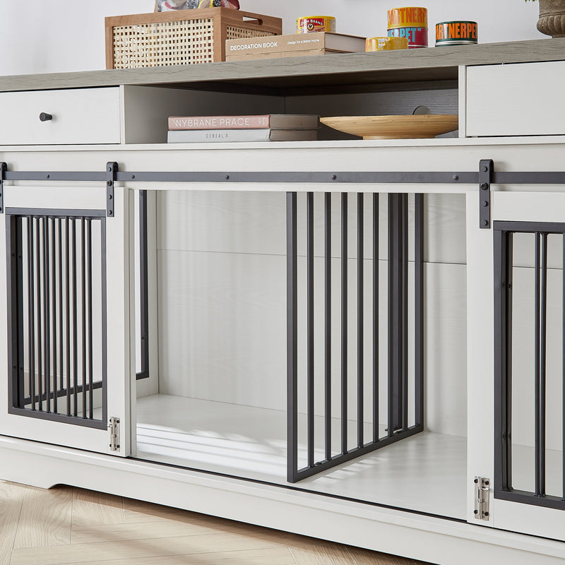 Super large TV cabinet dog crate dog cage with 2 drawers End table, dog cage can keep two dogs. White & Grey, 66.1'' W x 23.6'' D x 36'' H.