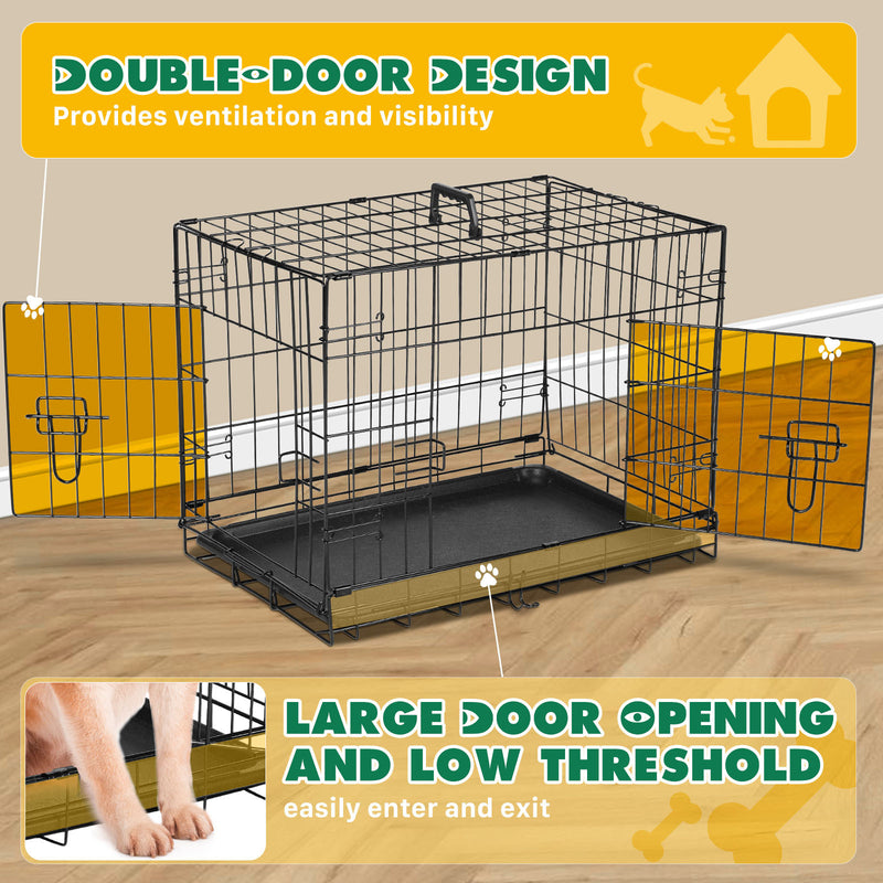 Dog Crate with Divider Panel,Double Door Folding Metal Wire Dog Cage with Plastic Leak-Proof Pan Tray, Pet Kennel for Indoor