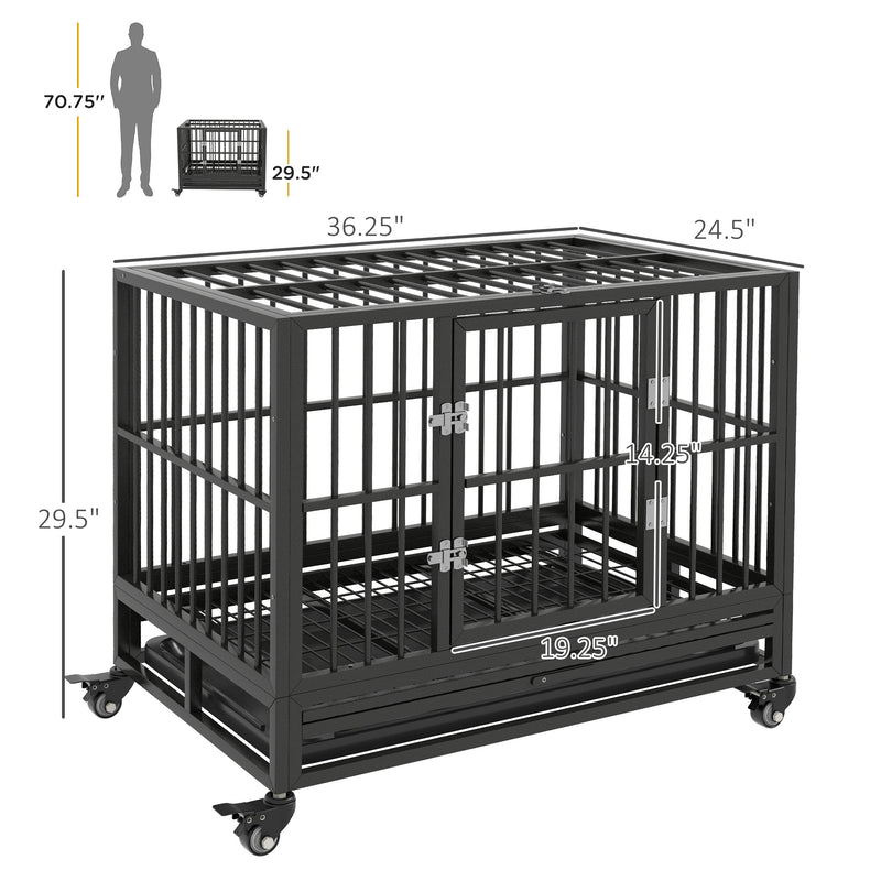 36" Heavy Duty Dog Crate Metal Cage Kennel with Lockable Wheels, Double Door and Removable Tray, Gray