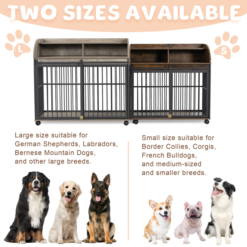 Heavy Duty Dog Crate Furniture for Medium Dog with Lockable Wheels, Wooden Dog Crate Dog Kennel, End Table Crate with Double layer storage, Grey, Brown