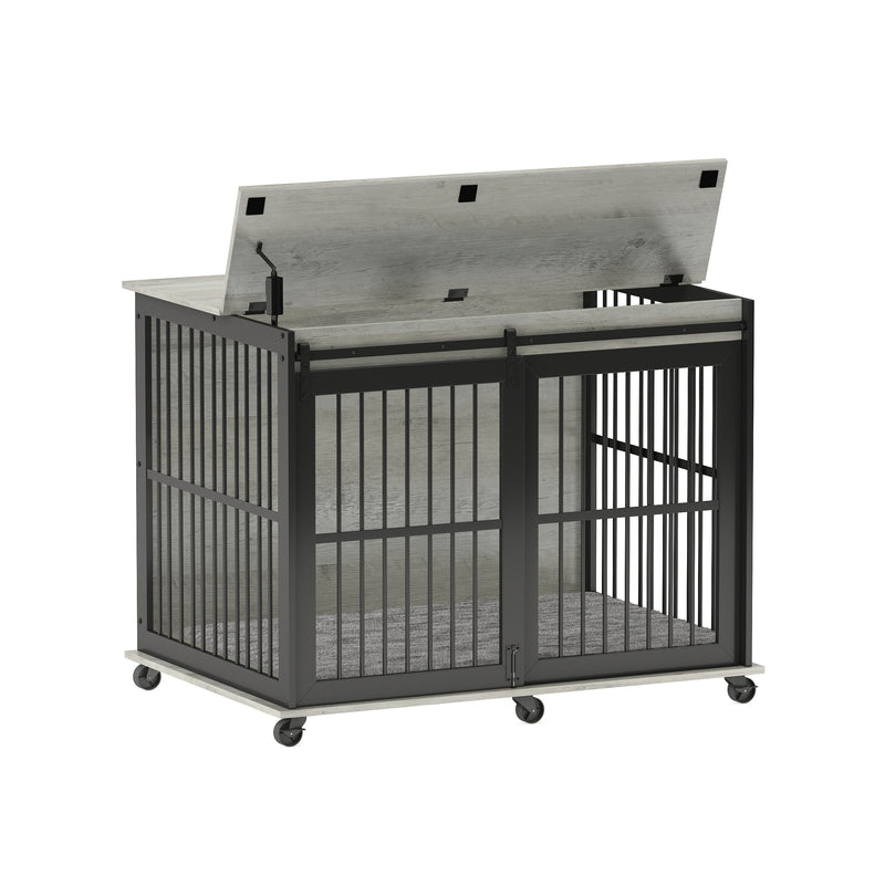 Furniture dog crate sliding iron door dog crate with mat. (Rustic Brown, Grey, 43.7''W x 30''D x 33.7''H)