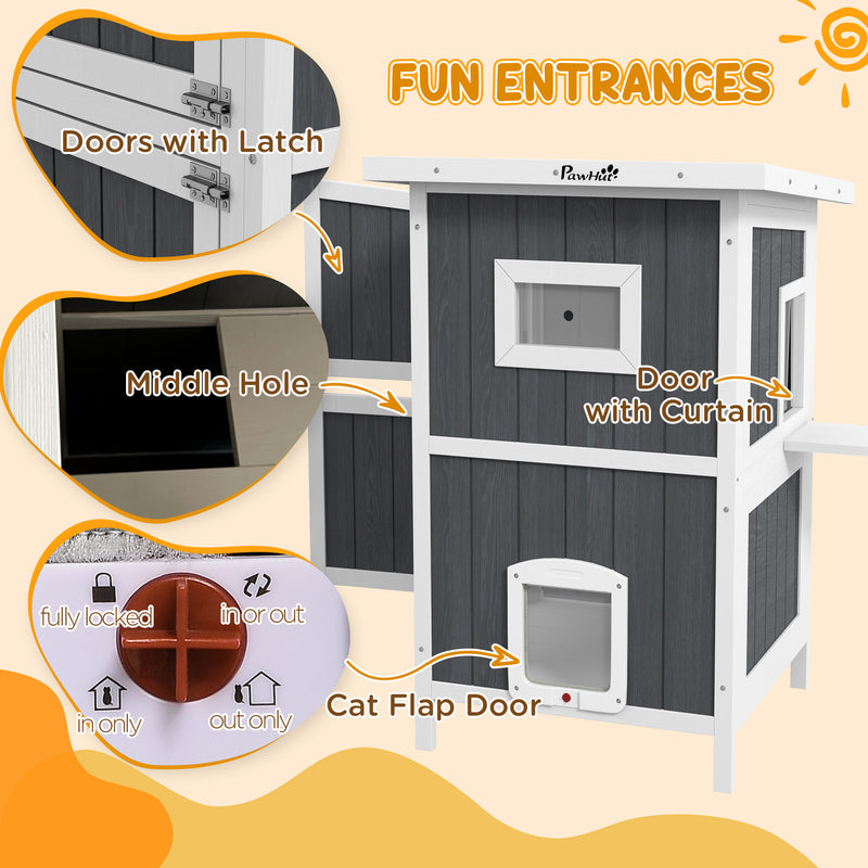 Outdoor Cat House, Wooden Cat House 2 Tiers Cat Shelter with Weatherproof Roof, Removable Floor, Escape Doors, for 1-2 Cats, Gray