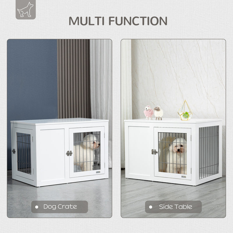 Dog Crate Furniture Wire Indoor Pet Kennel Cage, End Table with Double Doors, Locks for Small and Medium Dog House, White