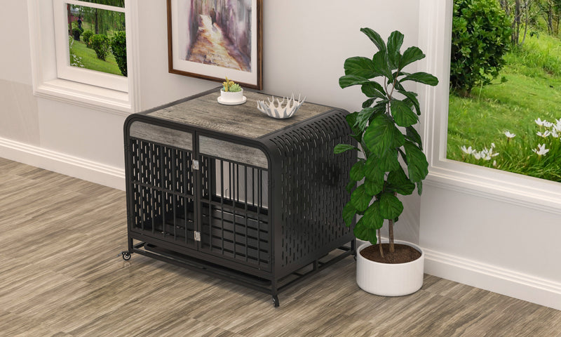 Heavy Duty Dog Crate Furniture Wooden Table Pet Dog Cage Kennel House Indoor Side End Table Decor with Removable Trays and Lockable Wheels for Medium and Large Dogs