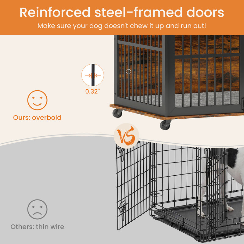 Furniture dog crate sliding iron door dog crate with mat. (Rustic Brown, Grey, 43.7''W x 30''D x 33.7''H)