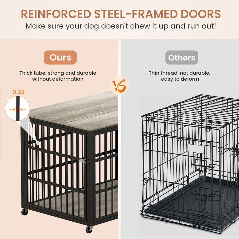 Furniture style dog crate wrought iron frame door with side openings, Rustic Brown, 43.3''W x 29.9''D x 33.5''H.