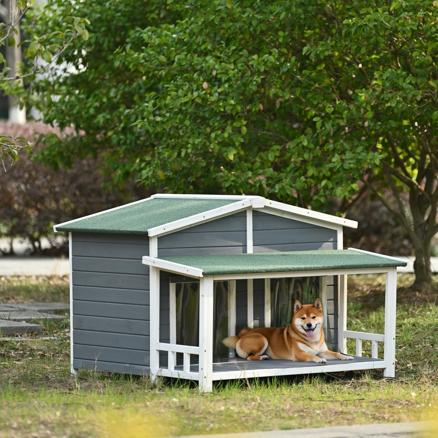 47.2" Large Wooden Dog House Outdoor, Outdoor & Indoor Dog Crate, Cabin Style, With Porch, 2 Doors, Gray And Green
