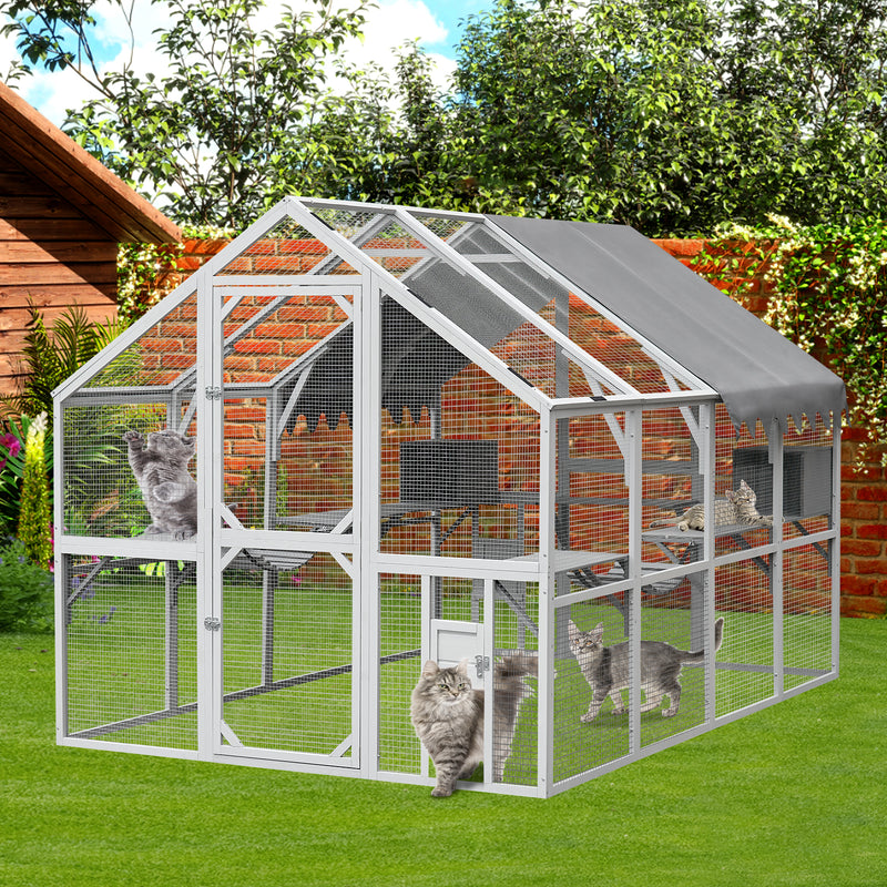 Outdoor Cat House Cat Enclosures 110" Large Kitten Playpen with Platforms,Upgrade Waterproof Cover & White