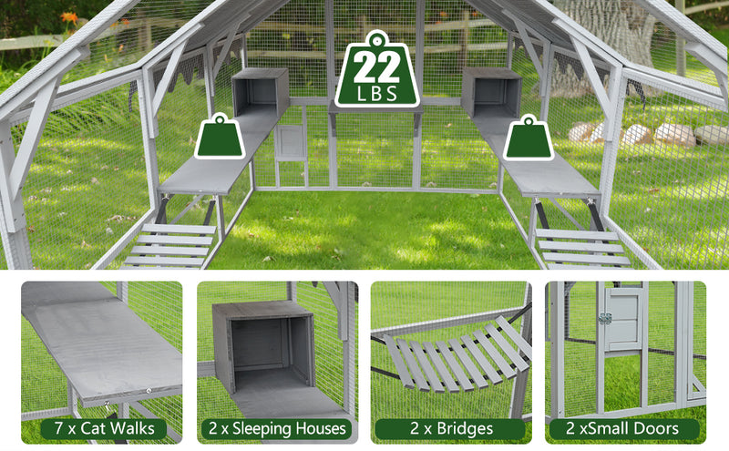 Outdoor Cat House Cat Enclosures 110" Large Kitten Playpen with Platforms,Upgrade Waterproof Cover & White