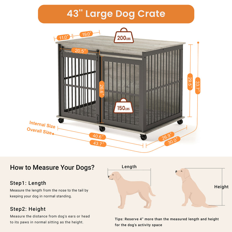 Furniture dog crate sliding iron door dog crate with mat. (Rustic Brown, Grey, 43.7''W x 30''D x 33.7''H)