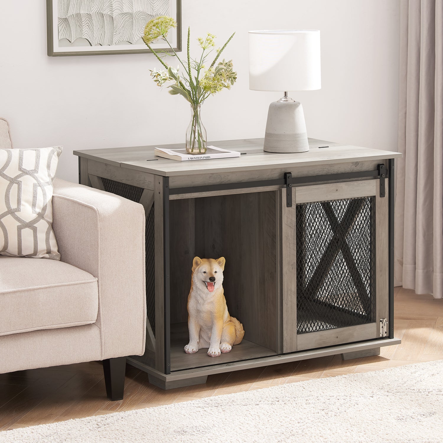 Dog Cage Crate Furniture with Sliding Barn Door,  Farmhouse Wooden Dog Kennel End Table with Flip-top Plate Dog House with Detachable Divider for Small/Medium/Large Dog