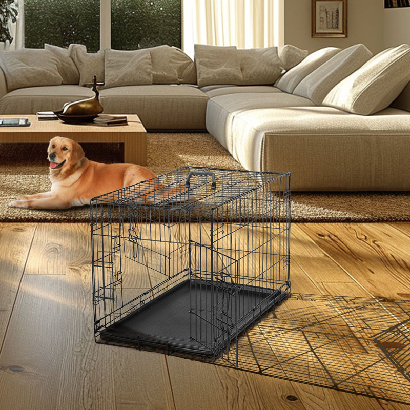 Dog Crate with Divider Panel,Double Door Folding Metal Wire Dog Cage with Plastic Leak-Proof Pan Tray, Pet Kennel for Indoor