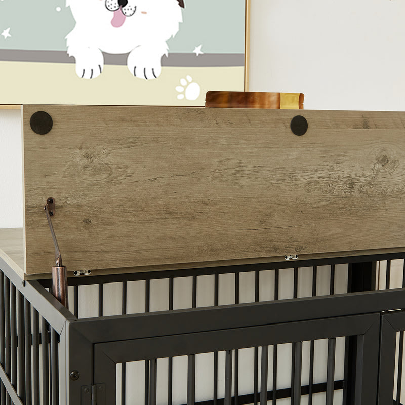 Furniture style dog crate wrought iron frame door with side openings, Rustic Brown, 43.3''W x 29.9''D x 33.5''H.
