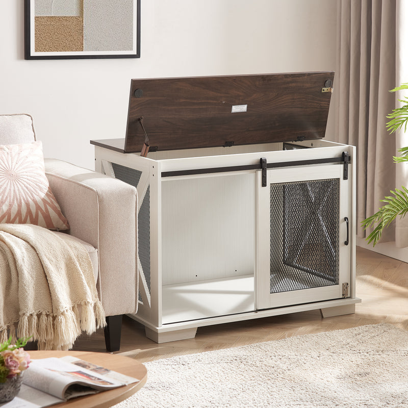 Dog Cage Crate Furniture with Sliding Barn Door,  Farmhouse Wooden Dog Kennel End Table with Flip-top Plate Dog House with Detachable Divider for Small/Medium/Large Dog