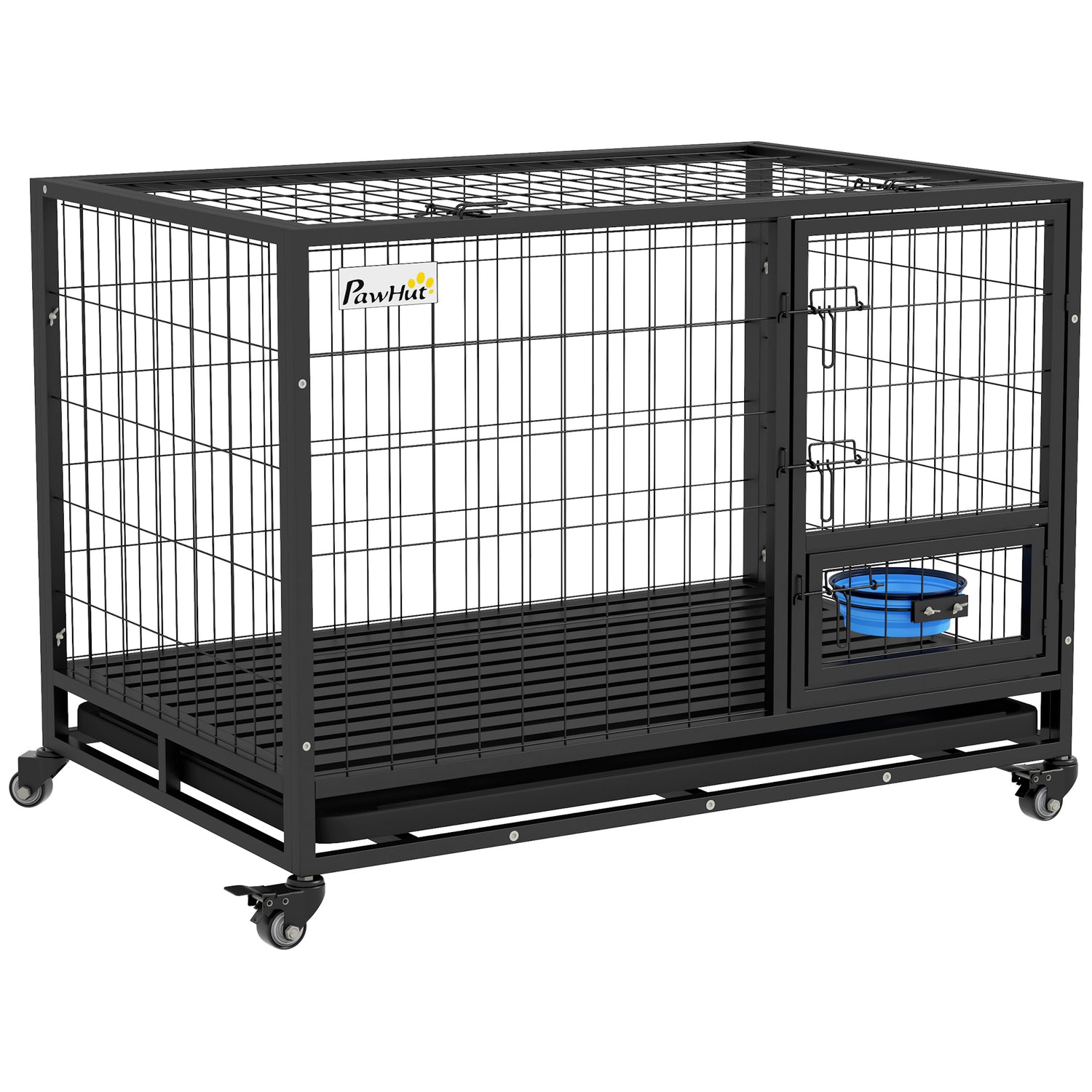 43" Heavy Duty Dog Crate with Bowl Holder, Strong Steel Dog Crate with Wheels, Detachable Door, Openable Top and Removable Tray for Large and Extra Large Dogs, Black