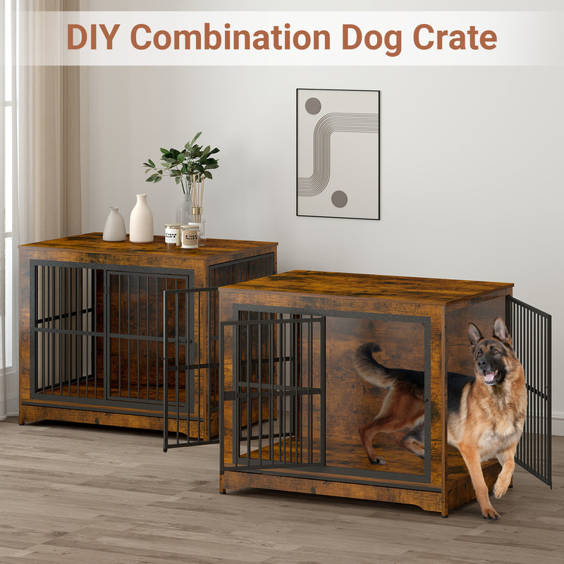 86 Inch Double Dog Crate Furniture with Divider, Large Dog Kennel Furniture for 2 Dogs, Corner Dog Kennel for Small Medium Large Dogs