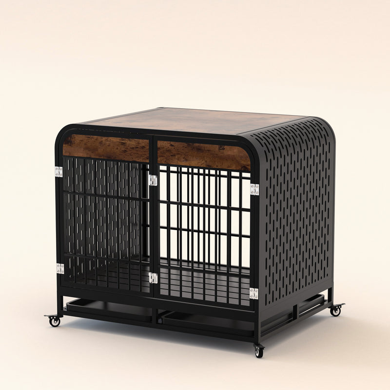 Heavy Duty Dog Crate Furniture Wooden Table Pet Dog Cage Kennel House Indoor Side End Table Decor with Removable Trays and Lockable Wheels for Medium and Large Dogs