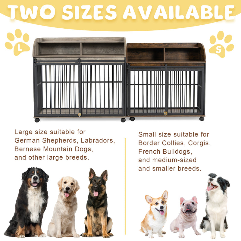 Heavy Duty Dog Crate Furniture for Medium Dog with Lockable Wheels, Wooden Dog Crate Dog Kennel, End Table Crate with Double layer storage, Grey, Brown