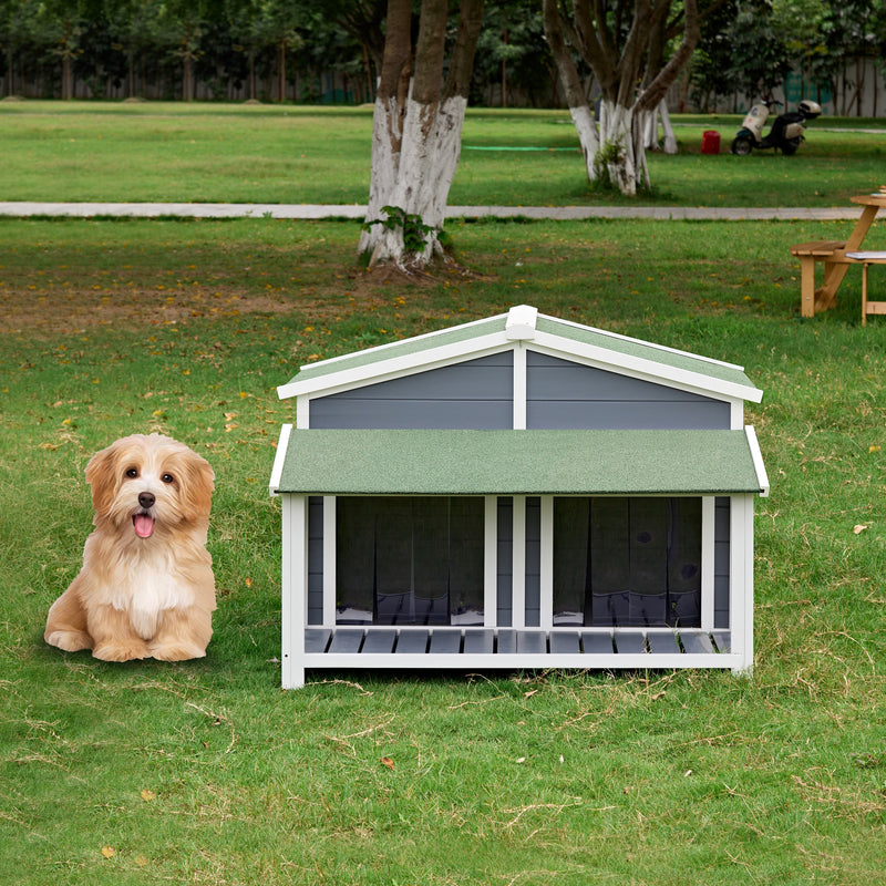 Dog House, Waterproof Dog Cage Kennel, Wooden Outdoor and Indoor Dog House, Raised Pet Kennel for Medium Dogs, Log Cabin Style with Porch,Elevated Floor,Asphalt Roof, 2 Doors, Pine Wood Natural