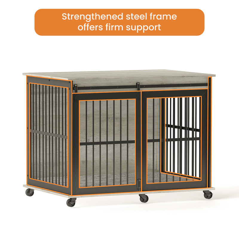 Furniture dog crate sliding iron door dog crate with mat. (Rustic Brown, Grey, 43.7''W x 30''D x 33.7''H)