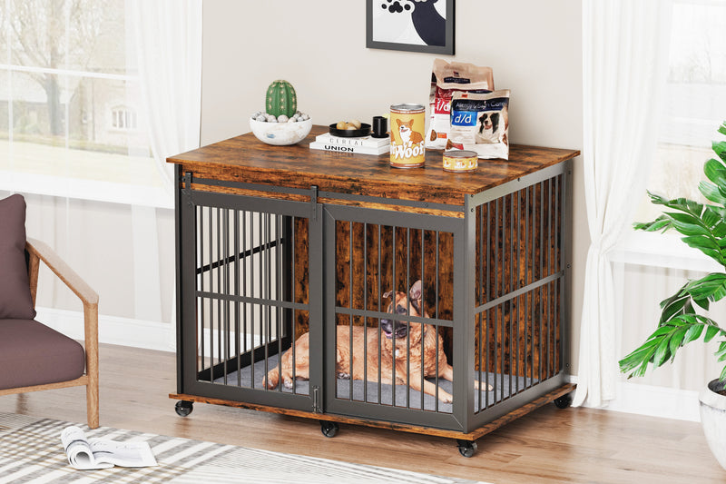 Furniture dog crate sliding iron door dog crate with mat. (Rustic Brown, Grey, 43.7''W x 30''D x 33.7''H)