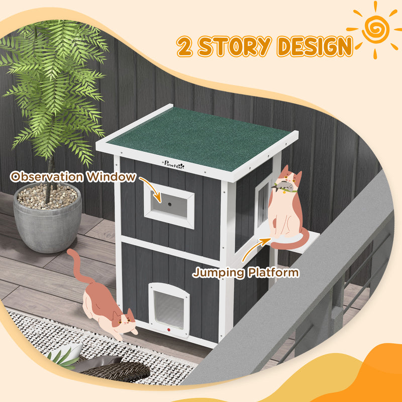 Outdoor Cat House, Wooden Cat House 2 Tiers Cat Shelter with Weatherproof Roof, Removable Floor, Escape Doors, for 1-2 Cats, Gray