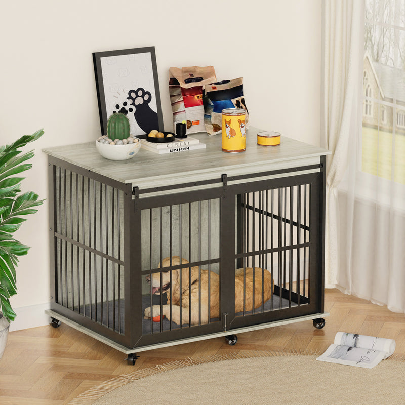 Furniture dog crate sliding iron door dog crate with mat. (Rustic Brown, Grey, 43.7''W x 30''D x 33.7''H)