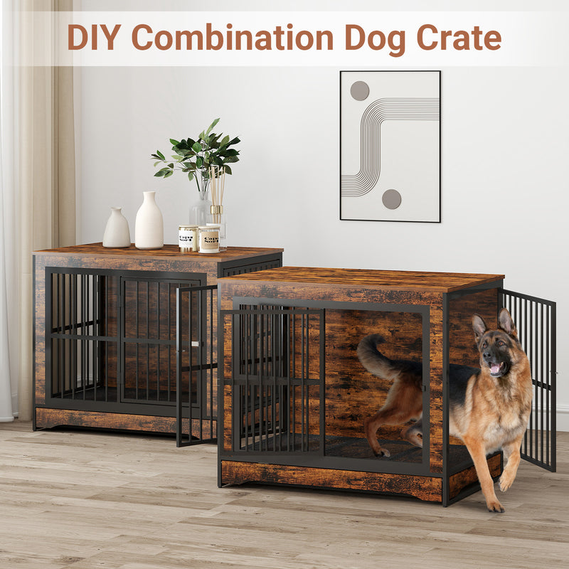 75 Inch Double Dog Crate Furniture with Divider, 4 Combination Forms Large Dog Kennel Furniture with Trays, Rustic Brown Corner Dog Kennel for Small Medium Large Dogs