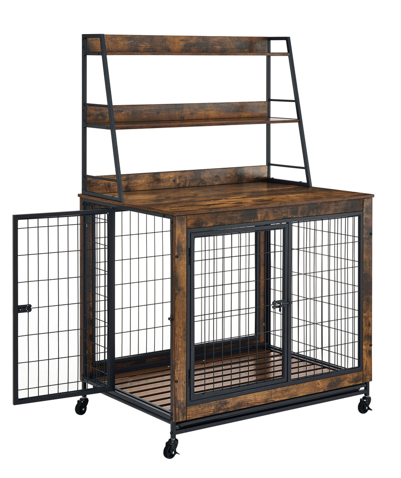 Furniture type dog cage iron frame door with cabinet, two door design, Rustic Brown, 37.99"WX27.36"DX59.92"H