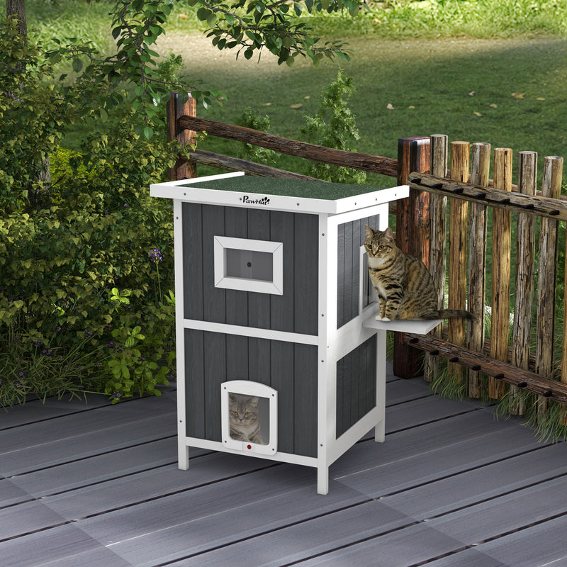 Outdoor Cat House, Wooden Cat House 2 Tiers Cat Shelter with Weatherproof Roof, Removable Floor, Escape Doors, for 1-2 Cats, Gray