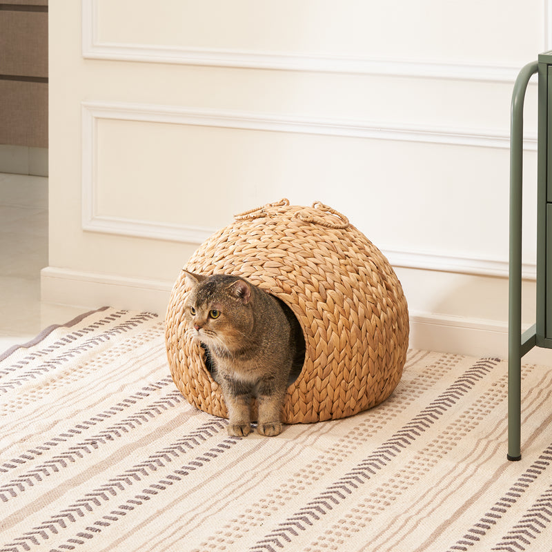 Water Hyacinth Woven Wicker Round Cat Bed Cave with Handles - 18" x 18" x 18" - For Any Size Cat Breeds, Chihuahua and Use with Cat Tower