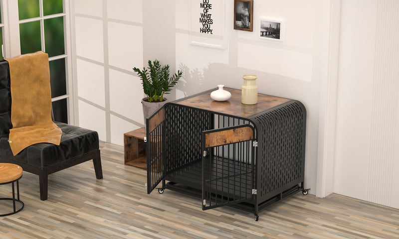 Heavy Duty Dog Crate Furniture Wooden Table Pet Dog Cage Kennel House Indoor Side End Table Decor with Removable Trays and Lockable Wheels for Medium and Large Dogs