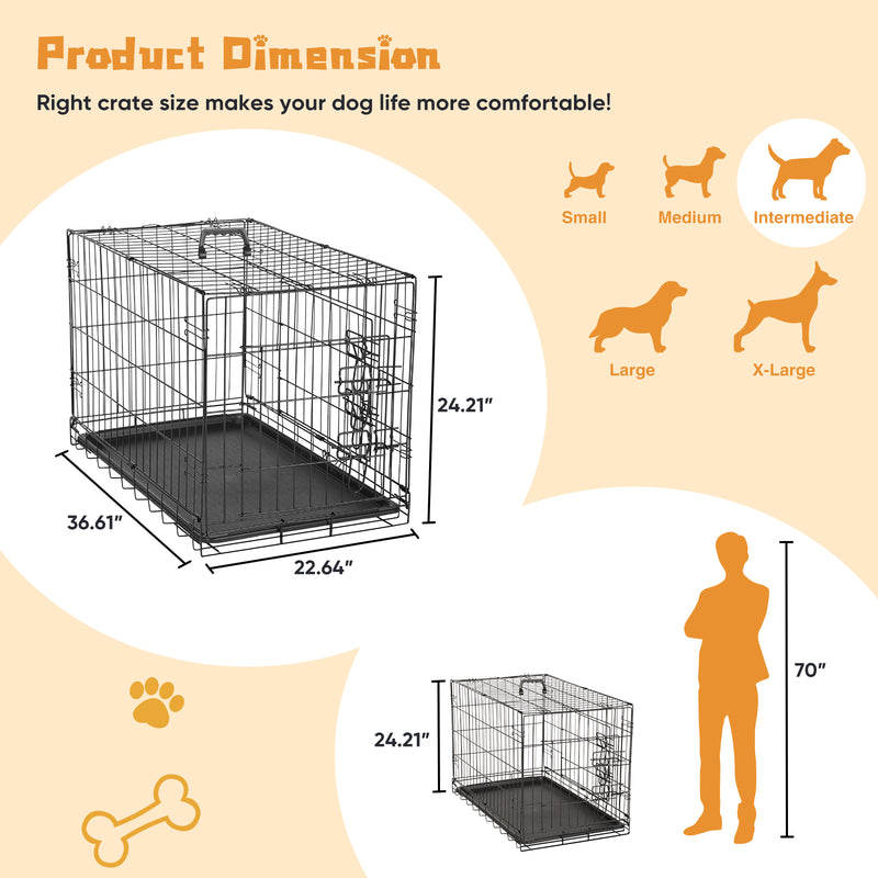 Dog Crate with Divider Panel,Double Door Folding Metal Wire Dog Cage with Plastic Leak-Proof Pan Tray, Pet Kennel for Indoor