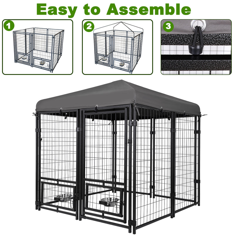 Outdoor Dog Kennel 4.5' x 4.5' x 4.8' with Waterproof Heavy Duty Metal Dog Cage,Outside Dog Enclosure with Lockable Door with Roof & Rotating Feeding Door,2 Bowl Holders and Bowls for Small/Medium Dog