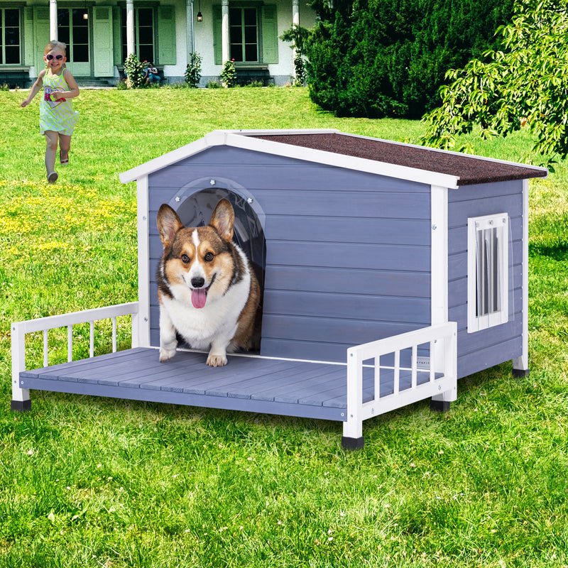 Large Wooden Dog House Indoor Outdoor with Terrace and Open Waterproof Asphalt Roof, Outdoor Dog House with Raised Floor, Windows and Door Curtains, Suitable for Small  and Medium Dogs