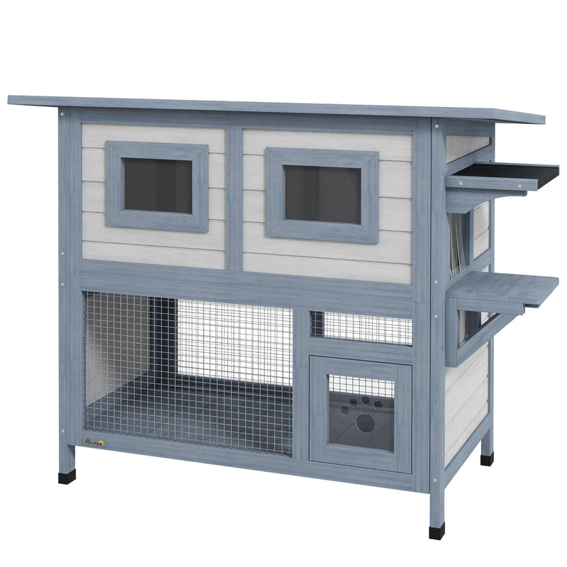 Outdoor Cat House, 2 Tier Weatherproof Feral Cat Shelter with Escape Door, Asphalt Roof, Jump Platform, Large Wooden Cat House for Outside, Backyard, Light Gray