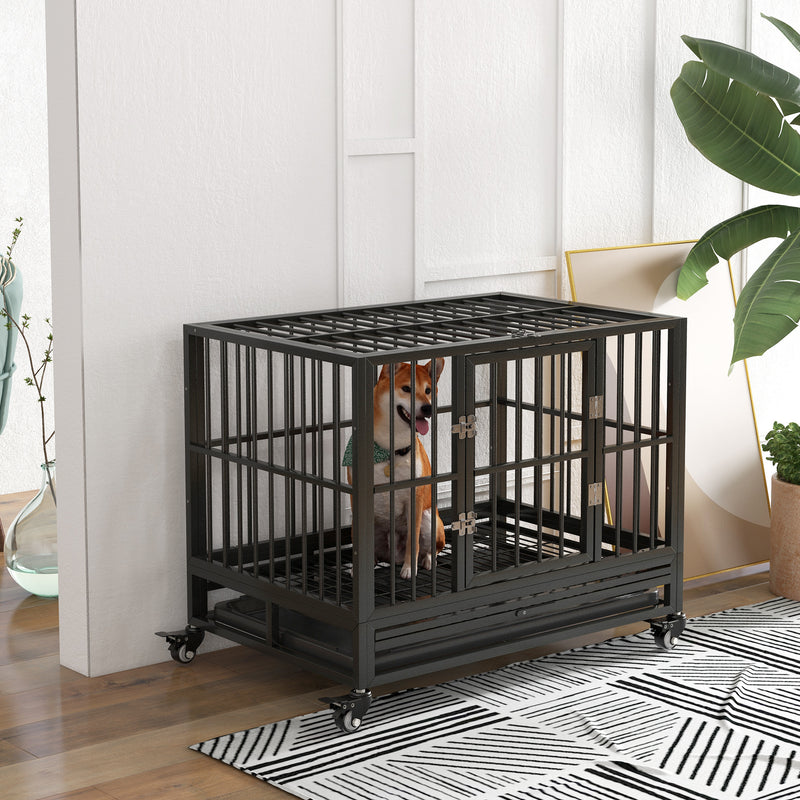 36" Heavy Duty Dog Crate Metal Cage Kennel with Lockable Wheels, Double Door and Removable Tray, Gray